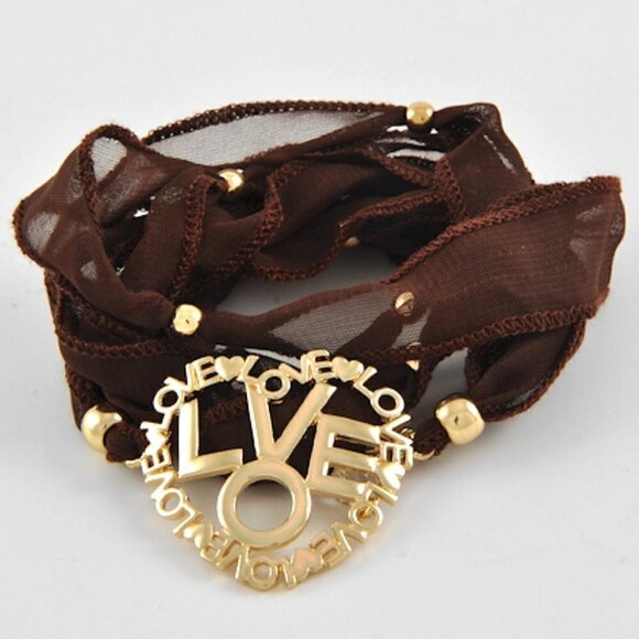 Brown Ribbon Valentine Heart Love Gold Accent Wrap Around Tie Bracelet NWT - Picture 2 of 3